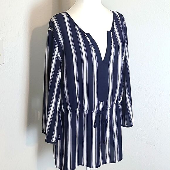 Ellen Weaver Navy Blue & White Stripe Blouse with Elastic Tie Waistband, Size 1X - Picture 2 of 9